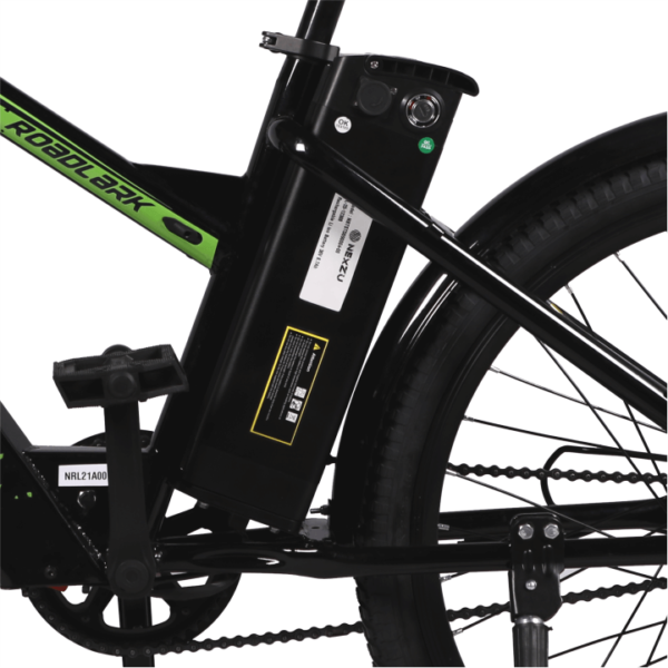 battery side of black coloured nexzu electric bicycle Roadlark model